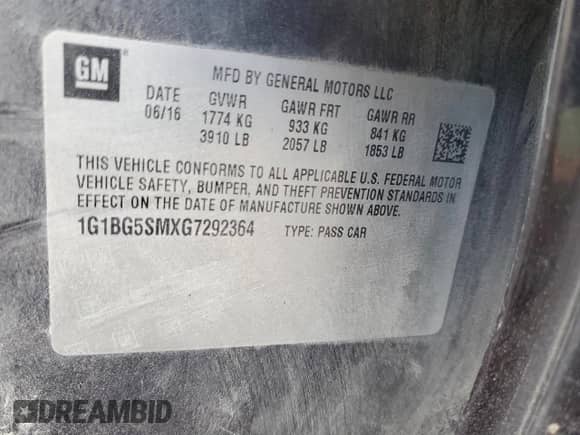 2016 Chevrolet Cruze Premier with VIN 1G1BG5SMXG7292364, listed as a Copart auction lot 70557065 with 134,900 mi miles and Salvage title. Bid and sale history available at DreamBid. Image 12.