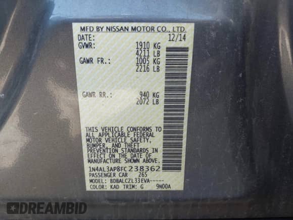 2015 Nissan Altima S z VIN 1N4AL3AP8FC238362, wystawiony jako IAAI lot #43432285 z przebiegiem 205 086 mil mil oraz . Historia ofert i sprzedaży dostępna na DreamBid. Obrazek 9.