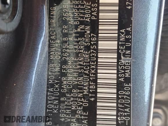 2014 Toyota Camry L with VIN 4T1BF1FKXEU375167, listed as a Copart auction lot 81229715 with 162,179 mi miles and Salvage title. Bid and sale history available at DreamBid. Image 12.