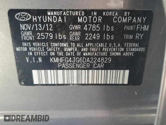 2013 Hyundai Azera с VIN KMHFG4JG6DA224829, выставлен на аукционе Copart как лот 71669555 с пробегом Не указан миль и Списание • Salvage title. История ставок и продаж доступна на DreamBid. Изображение 12.