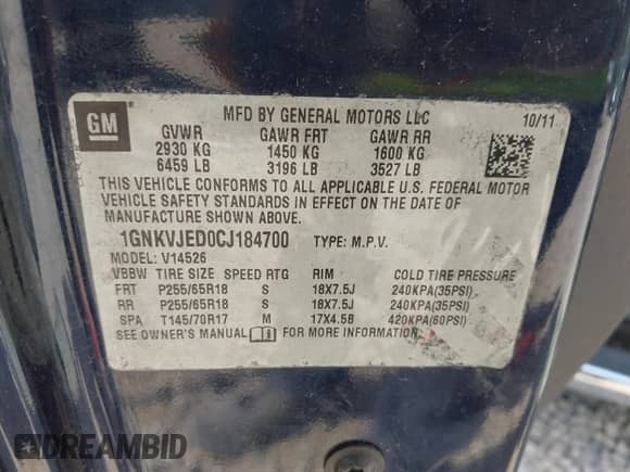 2012 Chevrolet Traverse 2LT with VIN 1GNKVJED0CJ184700, listed as a IAAI auction lot 42622025 with 157,334 mi miles and . Bid and sale history available at DreamBid. Image 9.