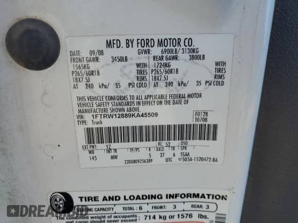 2009 Ford F-150 XL z VIN 1FTRW12889KA45509, wystawiony jako Copart lot #83948885 z przebiegiem 430 139 mil mil oraz Szkoda całkowita • Salvage title. Historia ofert i sprzedaży dostępna na DreamBid. Obrazek 12.