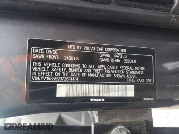 2007 Volvo S60 2.5L Turbo с VIN YV1RS592072614414, выставлен на аукционе Copart как лот 81295255 с пробегом 154 217 миль миль и Списание • Salvage title. История ставок и продаж доступна на DreamBid. Изображение 13.
