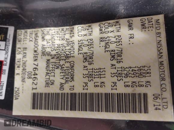 2014 Nissan Frontier SV with VIN 1N6AD0CW3EN764621, listed as a IAAI auction lot 42569350 with 140,557 mi miles and . Bid and sale history available at DreamBid. Image 9.