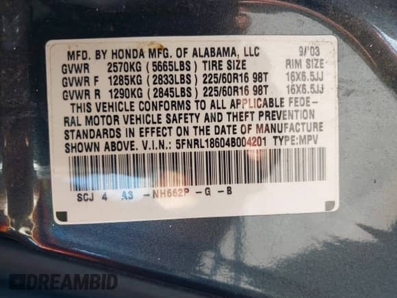 2004 Honda Odyssey EX с VIN 5FNRL18604B004201, выставлен на аукционе IAAI как лот 43399311 с пробегом 213 035 миль миль и . История ставок и продаж доступна на DreamBid. Изображение 9.