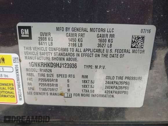 2017 Chevrolet Traverse LT с VIN 1GNKRHKD9HJ123936, выставлен на аукционе IAAI как лот 42930918 с пробегом 172 672 миль миль и . История ставок и продаж доступна на DreamBid. Изображение 9.