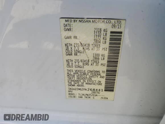 2015 Nissan Murano Platinum с VIN 5N1AZ2MG2FN268441, выставлен на аукционе Copart как лот 71549845 с пробегом 137 033 миль миль и Списание • Salvage title. История ставок и продаж доступна на DreamBid. Изображение 13.