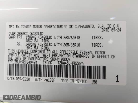 2024 Toyota Tacoma SR5 with VIN 3TYLB5JN9RT049484, listed as a IAAI auction lot 43107514 with 10,129 mi miles and . Bid and sale history available at DreamBid. Image 9.