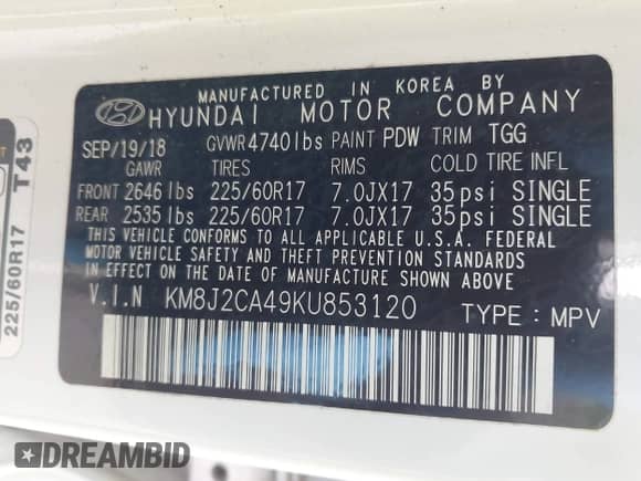 2019 Hyundai Tucson SE with VIN KM8J2CA49KU853120, listed as a IAAI auction lot 43546415 with 98,089 mi miles and . Bid and sale history available at DreamBid. Image 9.