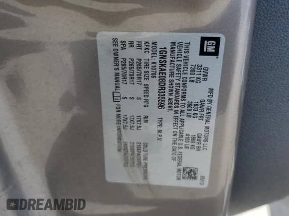 2013 Chevrolet Tahoe LS with VIN 1GNSKAE08DR335596, listed as a Copart auction lot 65375975 with Not provided miles and Salvage title. Bid and sale history available at DreamBid. Image 13.