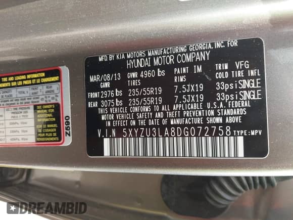 2013 Hyundai Santa Fe Sport with VIN 5XYZU3LA8DG072758, listed as a IAAI auction lot 42461478 with 155,008 mi miles and . Bid and sale history available at DreamBid. Image 9.