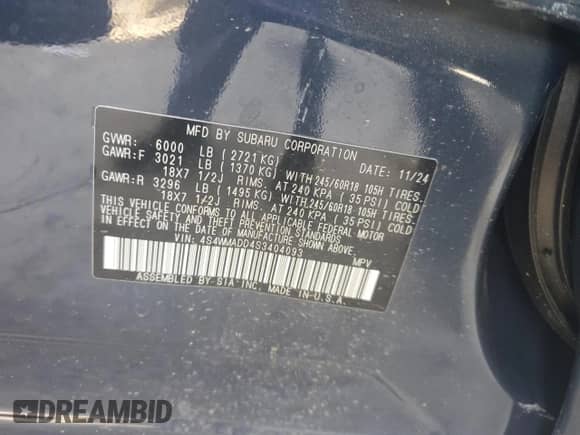 2025 Subaru Ascent Premium с VIN 4S4WMADD4S3404093, выставлен на аукционе Copart как лот 63472225 с пробегом 10 921 миль миль и На запчасти • Non repairable. История ставок и продаж доступна на DreamBid. Изображение 13.