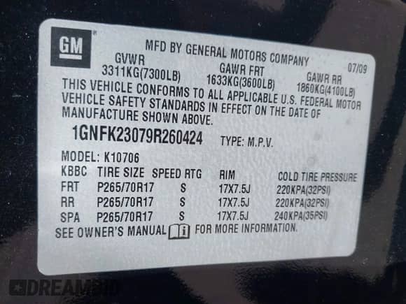 2009 Chevrolet Tahoe 2LT with VIN 1GNFK23079R260424, listed as a IAAI auction lot 43026277 with 253,109 mi miles and . Bid and sale history available at DreamBid. Image 9.