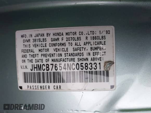 1992 Honda Accord LX z VIN JHMCB7654NC058331, wystawiony jako IAAI lot #41496056 z przebiegiem 287 769 mil mil oraz . Historia ofert i sprzedaży dostępna na DreamBid. Obrazek 9.