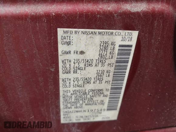 2018 Nissan Murano Platinum z VIN 5N1AZ2MH4JN197549, wystawiony jako Copart lot #80708475 z przebiegiem 72 996 mil mil oraz Szkoda całkowita • Salvage title. Historia ofert i sprzedaży dostępna na DreamBid. Obrazek 13.