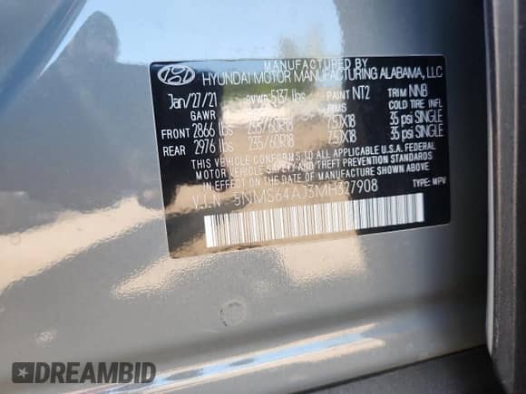 2021 Hyundai Santa Fe SEL with VIN 5NMS64AJ3MH327908, listed as a Copart auction lot 81048525 with 40,382 mi miles and Salvage title. Bid and sale history available at DreamBid. Image 12.
