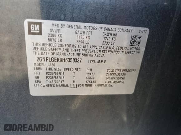 2017 Chevrolet Equinox Premier z VIN 2GNFLGEK9H6350337, wystawiony jako Copart lot #66073715 z przebiegiem 126 073 mil mil oraz Szkoda całkowita • Salvage title. Historia ofert i sprzedaży dostępna na DreamBid. Obrazek 14.