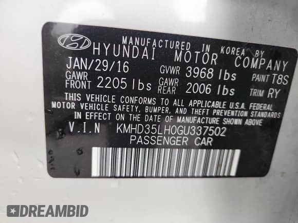 2016 Hyundai Elantra with VIN KMHD35LH0GU337502, listed as a Copart auction lot 85581665 with 62,913 mi miles and Salvage title. Bid and sale history available at DreamBid. Image 12.