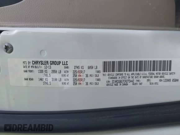 2014 Dodge Grand Caravan SE 30th Anniversary with VIN 2C4RDGBG7ER275442, listed as a IAAI auction lot 42902989 with 175,536 mi miles and . Bid and sale history available at DreamBid. Image 9.