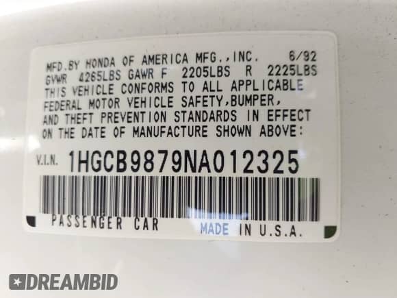 1992 Honda Accord с VIN 1HGCB9879NA012325, выставлен на аукционе IAAI как лот 42583619 с пробегом 112 636 миль миль и . История ставок и продаж доступна на DreamBid. Изображение 9.