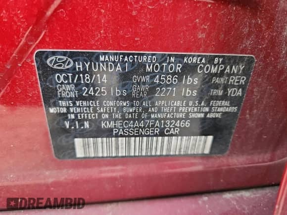 2015 Hyundai Sonata Limited z VIN KMHEC4A47FA132466, wystawiony jako Copart lot #84780565 z przebiegiem 205 400 mil mil oraz Czysty tytuł • Clean title. Historia ofert i sprzedaży dostępna na DreamBid. Obrazek 12.