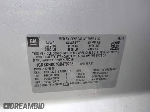 2016 Chevrolet Suburban LT с VIN 1GNSKHKC4GR479206, выставлен на аукционе IAAI как лот 42495786 с пробегом 127 780 миль миль и . История ставок и продаж доступна на DreamBid. Изображение 9.