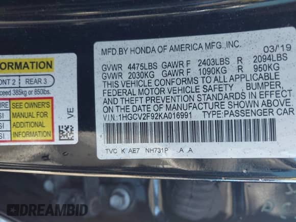 2019 Honda Accord Touring с VIN 1HGCV2F92KA016991, выставлен на аукционе IAAI как лот 43054673 с пробегом 75 929 миль миль и . История ставок и продаж доступна на DreamBid. Изображение 9.