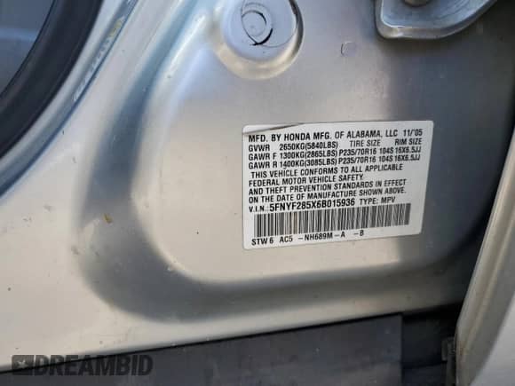 2006 Honda Pilot EX-L z VIN 5FNYF285X6B015936, wystawiony jako Copart lot #60643035 z przebiegiem 130 654 mil mil oraz Szkoda całkowita • Salvage title. Historia ofert i sprzedaży dostępna na DreamBid. Obrazek 13.
