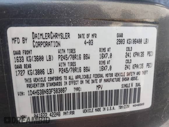 2003 Dodge Durango Sport with VIN 1D4HS38N93F583087, listed as a IAAI auction lot 42913754 with 184,329 mi miles and . Bid and sale history available at DreamBid. Image 9.