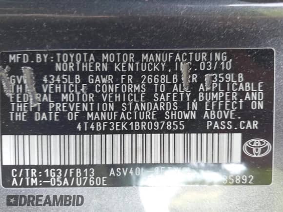 2011 Toyota Camry LE with VIN 4T4BF3EK1BR097855, listed as a IAAI auction lot 43159731 with 132,546 mi miles and . Bid and sale history available at DreamBid. Image 9.