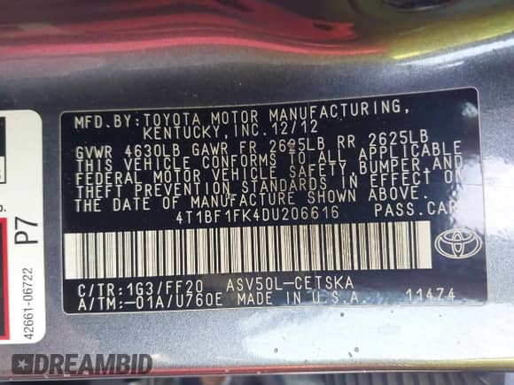 2013 Toyota Camry L с VIN 4T1BF1FK4DU206616, выставлен на аукционе IAAI как лот 43346669 с пробегом 110 865 миль миль и . История ставок и продаж доступна на DreamBid. Изображение 9.