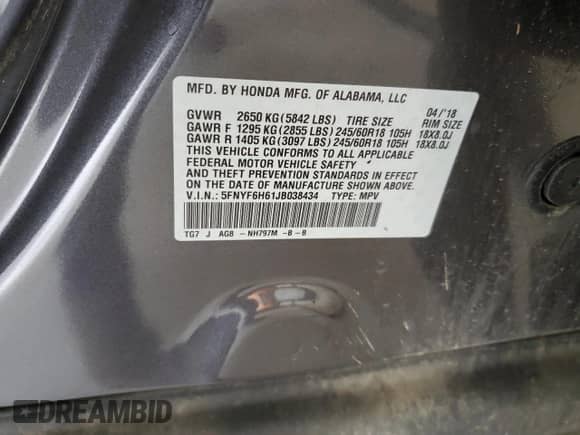 2018 Honda Pilot EX-L z VIN 5FNYF6H61JB038434, wystawiony jako Copart lot #69637125 z przebiegiem 104 786 mil mil oraz Szkoda całkowita • Salvage title. Historia ofert i sprzedaży dostępna na DreamBid. Obrazek 13.