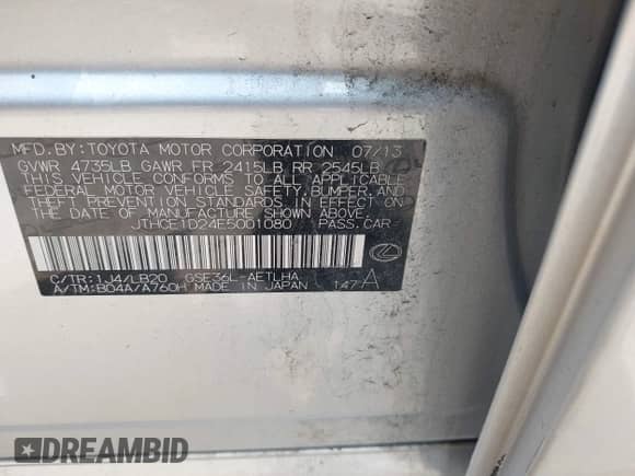 2014 Lexus IS 350 с VIN JTHCE1D24E5001080, выставлен на аукционе IAAI как лот 42414640 с пробегом 117 644 миль миль и . История ставок и продаж доступна на DreamBid. Изображение 9.