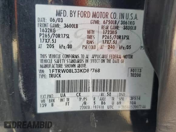 2003 Ford F-150 XLT z VIN 1FTRW08L33KD87768, wystawiony jako Copart lot #71013315 z przebiegiem 254 472 mil mil oraz Szkoda całkowita • Salvage title. Historia ofert i sprzedaży dostępna na DreamBid. Obrazek 12.