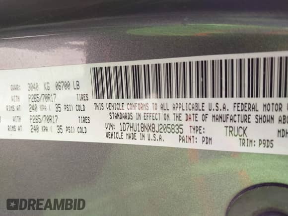 2008 Dodge 1500 SLT with VIN 1D7HU18NX8J205835, listed as a IAAI auction lot 42406547 with 143,271 mi miles and . Bid and sale history available at DreamBid. Image 9.