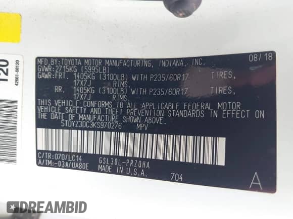 2019 Toyota Sienna XLE Auto Access Seat with VIN 5TDYZ3DC3KS970276, listed as a IAAI auction lot 42508519 with Not provided miles and . Bid and sale history available at DreamBid. Image 9.