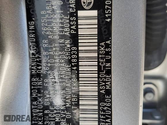 2017 Toyota Camry XLE с VIN 4T1BF1FK6HU418939, выставлен на аукционе Copart как лот 63438665 с пробегом Не указан миль и На запчасти • Non repairable. История ставок и продаж доступна на DreamBid. Изображение 12.