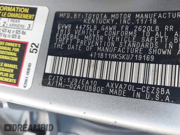 2019 Toyota Camry LE с VIN 4T1B11HK5KU719169, выставлен на аукционе IAAI как лот 41972503 с пробегом 194 259 миль миль и . История ставок и продаж доступна на DreamBid. Изображение 9.