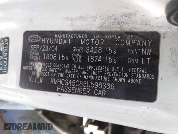 2005 Hyundai Accent GLS with VIN KMHCG45C85U598336, listed as a IAAI auction lot 43220019 with 183,370 mi miles and . Bid and sale history available at DreamBid. Image 9.