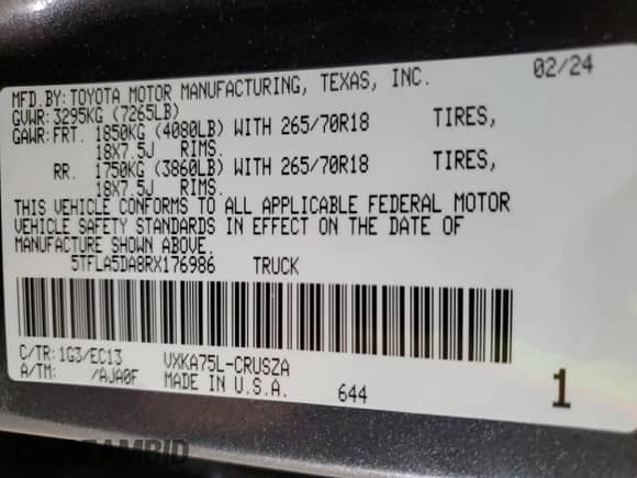 2024 Toyota Tundra SR5 with VIN 5TFLA5DA8RX176986, listed as a Copart auction lot 51018855 with 17,414 mi miles and Salvage title. Bid and sale history available at DreamBid. Image 12.