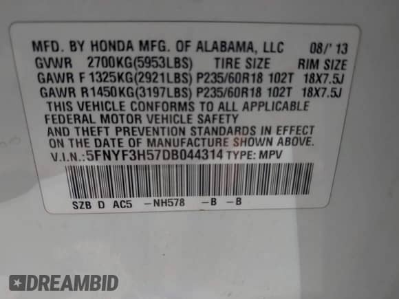 2013 Honda Pilot EX-L with VIN 5FNYF3H57DB044314, listed as a IAAI auction lot 42975039 with 155,545 mi miles and . Bid and sale history available at DreamBid. Image 9.
