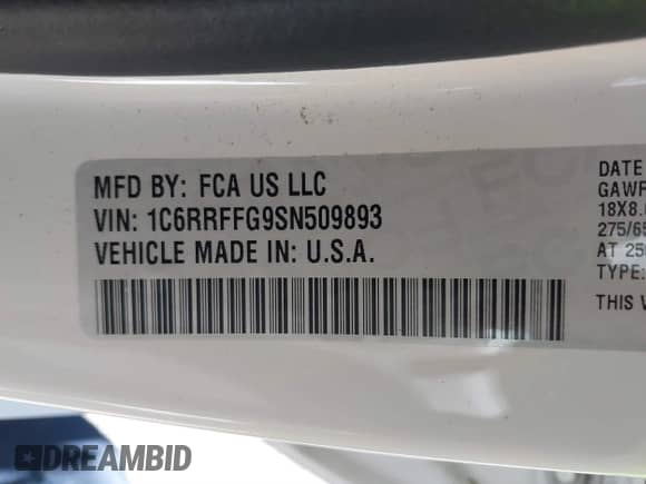 2025 Ram 1500 Big Horn with VIN 1C6RRFFG9SN509893, listed as a IAAI auction lot 41817619 with 1,808 mi miles and . Bid and sale history available at DreamBid. Image 9.
