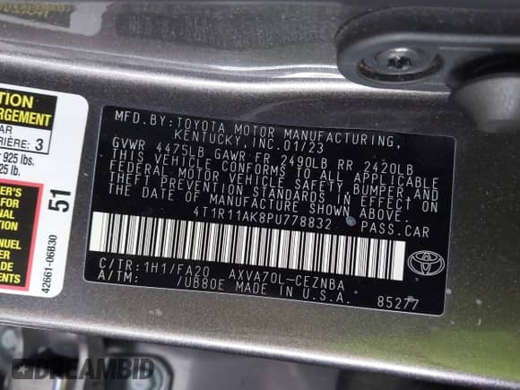 2023 Toyota Camry LE z VIN 4T1R11AK8PU778832, wystawiony jako IAAI lot #43357249 z przebiegiem 48 622 mil mil oraz . Historia ofert i sprzedaży dostępna na DreamBid. Obrazek 9.