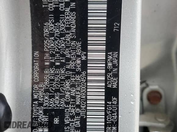 2003 Toyota Highlander с VIN JTEHD21A930024596, выставлен на аукционе Copart как лот 60032215 с пробегом 153 358 миль миль и Списание • Salvage title. История ставок и продаж доступна на DreamBid. Изображение 14.