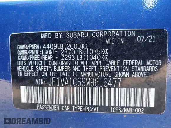 2021 Subaru WRX Premium with VIN JF1VA1C69M9816477, listed as a IAAI auction lot 42616995 with 54,668 mi miles and . Bid and sale history available at DreamBid. Image 9.