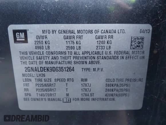 2013 Chevrolet Equinox LT с VIN 2GNALDEK9D6351264, выставлен на аукционе IAAI как лот 43518372 с пробегом 154 165 миль миль и . История ставок и продаж доступна на DreamBid. Изображение 9.