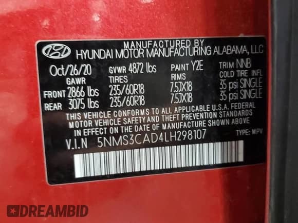 2020 Hyundai Santa Fe SEL с VIN 5NMS3CAD4LH298107, выставлен на аукционе Copart как лот 71493355 с пробегом 85 778 миль миль и Списание • Salvage title. История ставок и продаж доступна на DreamBid. Изображение 13.