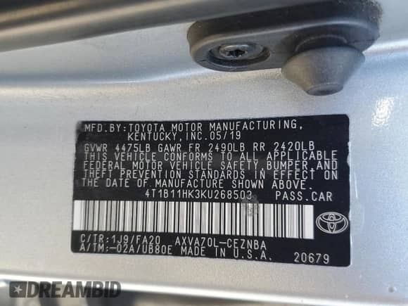 2019 Toyota Camry SE z VIN 4T1B11HK3KU268503, wystawiony jako Copart lot #71220275 z przebiegiem 105 038 mil mil oraz Szkoda całkowita • Salvage title. Historia ofert i sprzedaży dostępna na DreamBid. Obrazek 12.