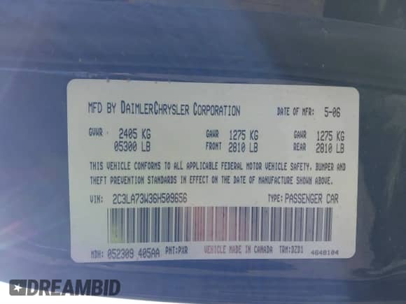 2006 Chrysler 300 C SRT-8 with VIN 2C3LA73W36H509656, listed as a IAAI auction lot 41852179 with 92,209 mi miles and . Bid and sale history available at DreamBid. Image 9.