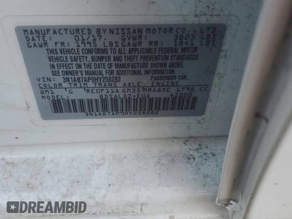 2017 Nissan Sentra SR with VIN 3N1AB7AP9HY258282, listed as a Copart auction lot 87017905 with 68,838 mi miles and Salvage title. Bid and sale history available at DreamBid. Image 12.